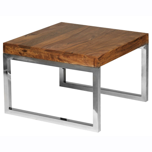 Beistelltisch GUNA mit massiver Sheesham-Holzplatte in Dunkelbraun und silbernem Metallgestell, Gesamtansicht.