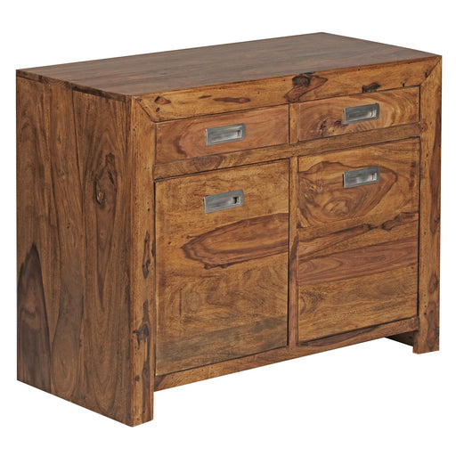 Sideboard MUMBAI Sheesham mit zwei Schubladen oben und zwei Türen unten, Gesamtansicht von vorne.