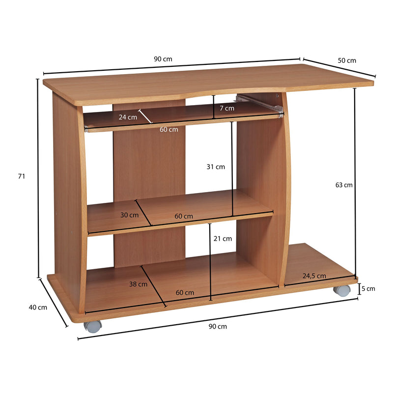 Computertisch GRASSE rollbar Buche 90x71x50cm mit Tastaturauszug