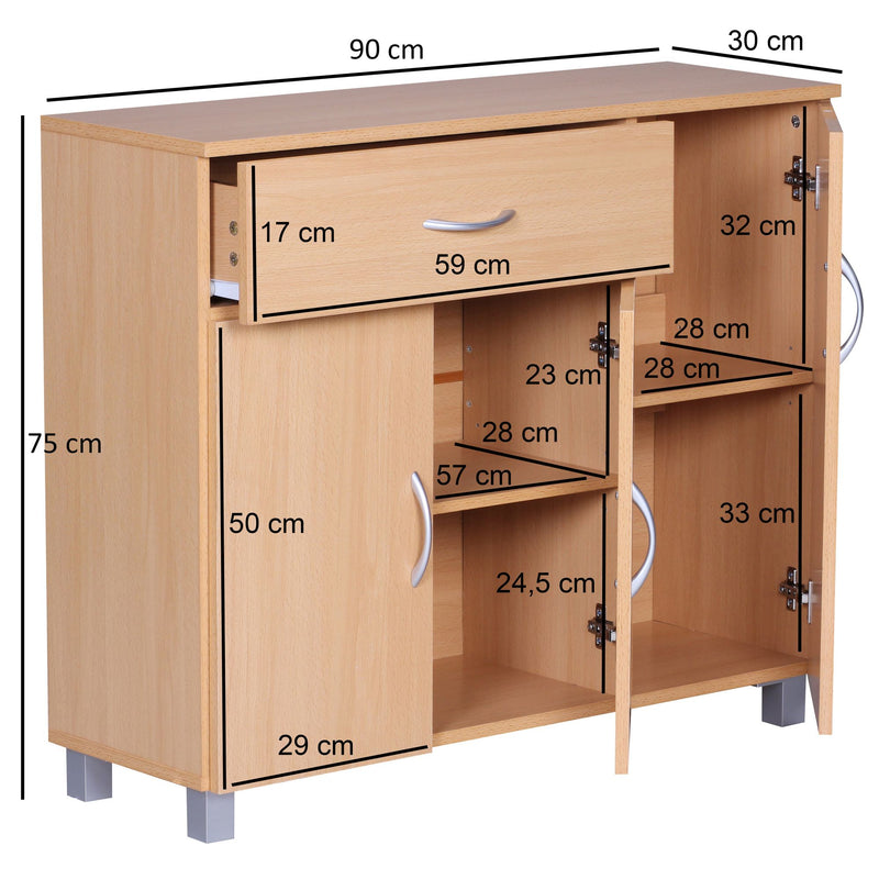 Sideboard SETE Buche 1 Schublade 3 Türen 90x75x30cm Holz Design