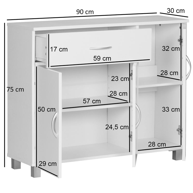 Sideboard SETE 90x75x30cm Weiß 1 Schublade 3 Türen Modern