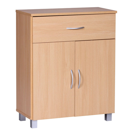 Sideboard WL1.335 Buche in Gesamtansicht mit einer Schublade oben und zwei Türen unten, Metalgriffe, auf grauen Beinen.