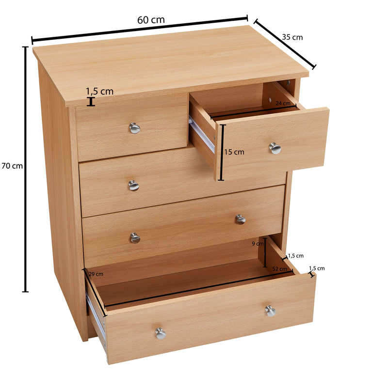 Kommode 5 Schubladen Buche 60x70x35cm Modernes Sideboard Flur