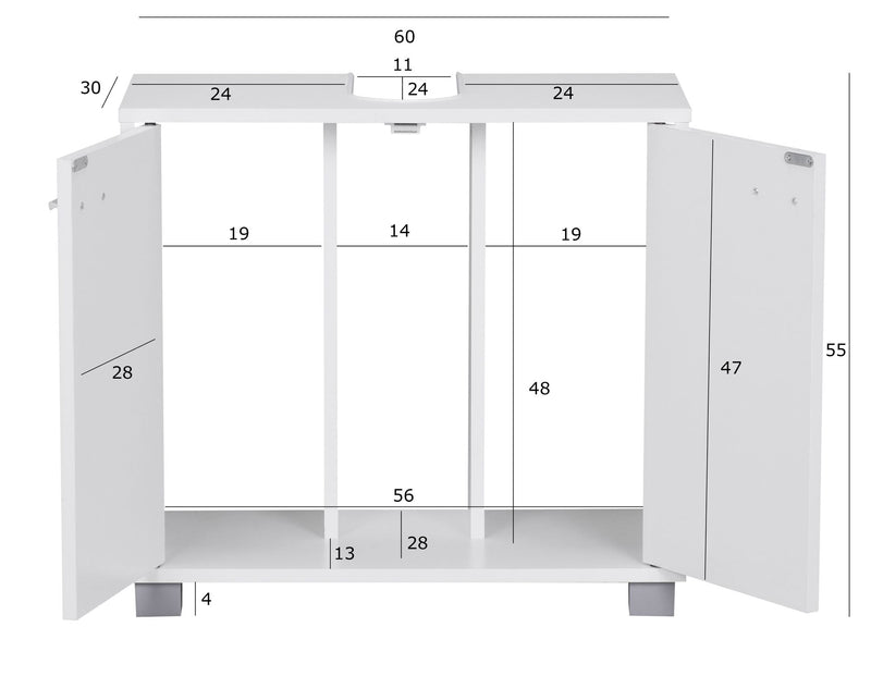Waschbeckenunterschrank 60x55x30cm Weiß 2 Türen Bad Aufbewahrung
