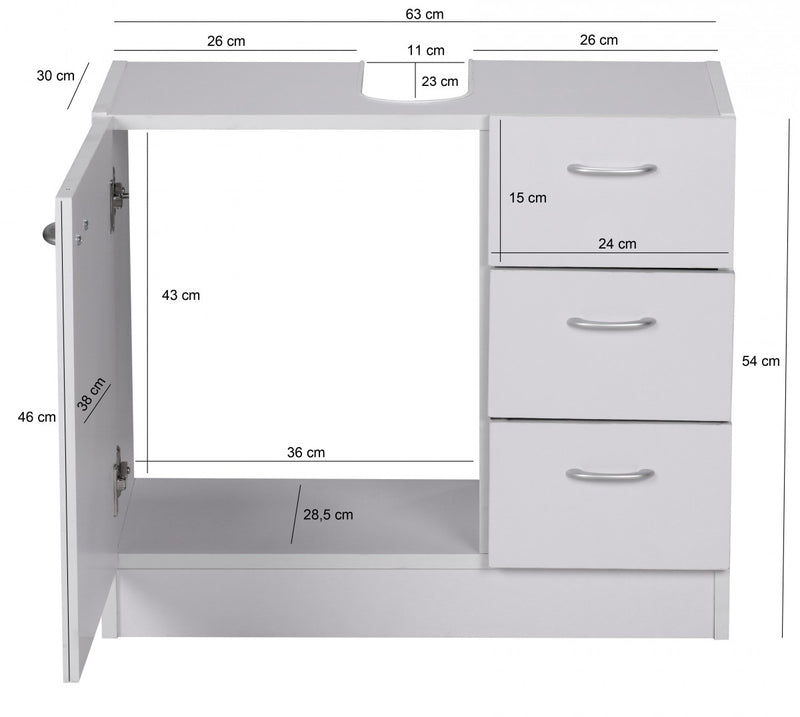 Waschbeckenunterschrank 54x63x30cm 1 Tür 3 Schubladen Weiß