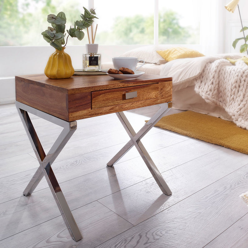 Nachttisch GUNA Sheesham Massivholz 45cm 1 Schublade Metallbeine Braun