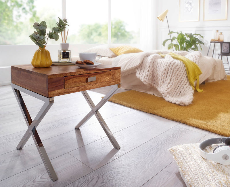 Nachttisch GUNA Sheesham Massivholz 45cm 1 Schublade Metallbeine Braun