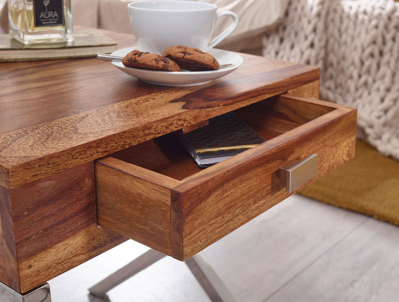 Nachttisch GUNA Sheesham Massivholz 45cm 1 Schublade Metallbeine Braun