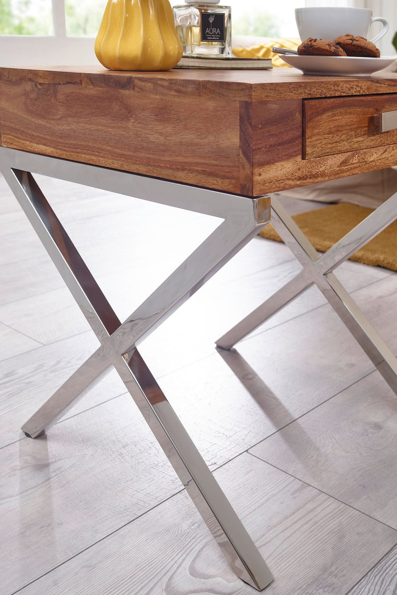 Nachttisch GUNA Sheesham Massivholz 45cm 1 Schublade Metallbeine Braun