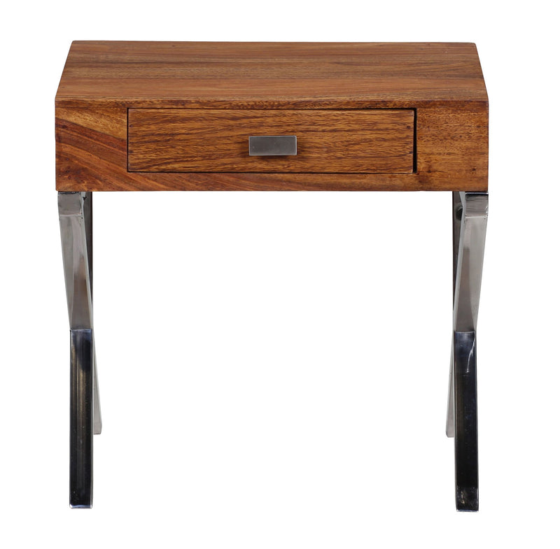 Nachttisch GUNA Sheesham Massivholz 45cm 1 Schublade Metallbeine Braun