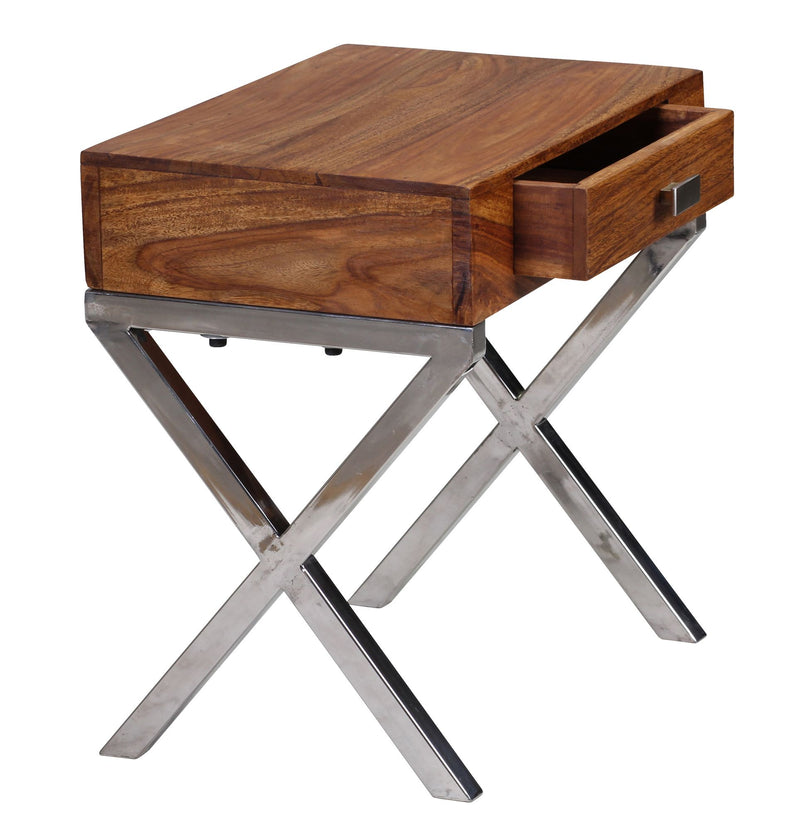 Nachttisch GUNA Sheesham Massivholz 45cm 1 Schublade Metallbeine Braun