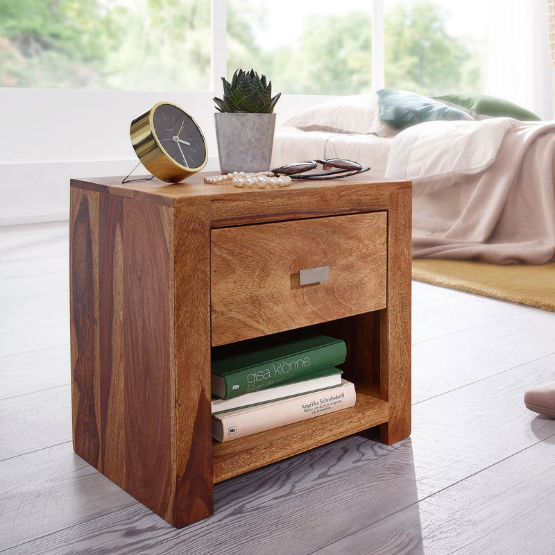 Nachttisch MUMBAI Sheesham Massivholz 40x40x30cm 1 Schublade Landhausstil