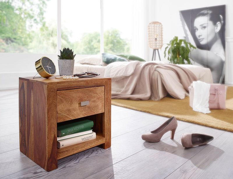 Nachttisch MUMBAI Sheesham Massivholz 40x40x30cm 1 Schublade Landhausstil