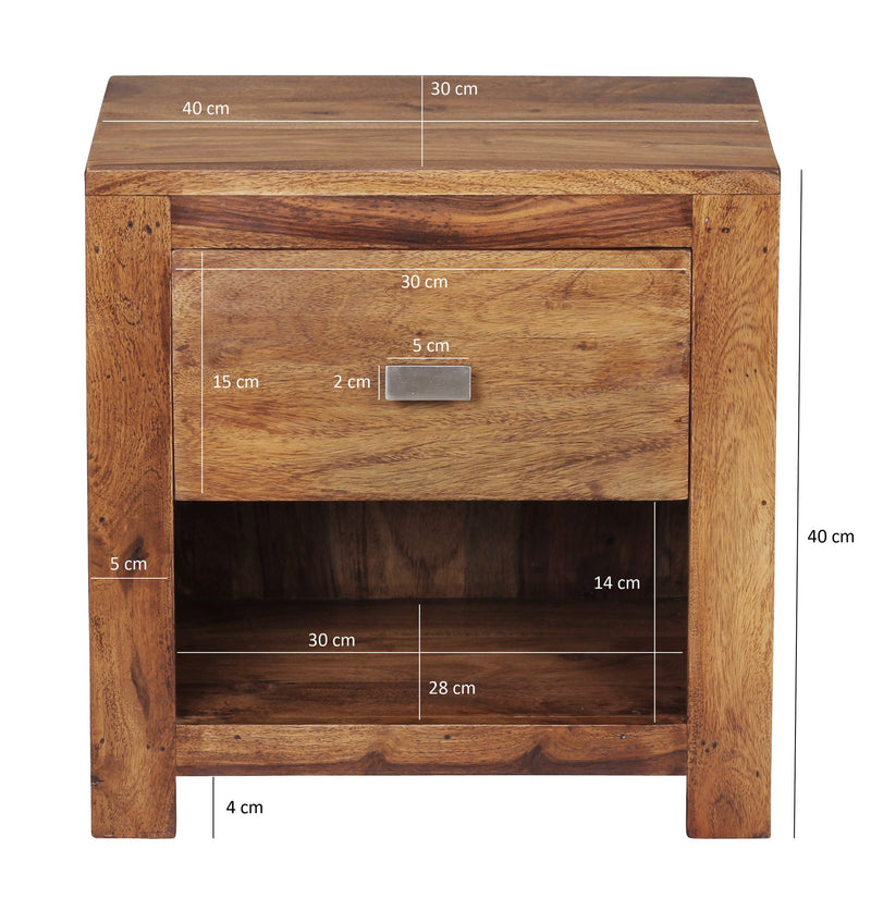 Nachttisch MUMBAI Sheesham Massivholz 40x40x30cm 1 Schublade Landhausstil