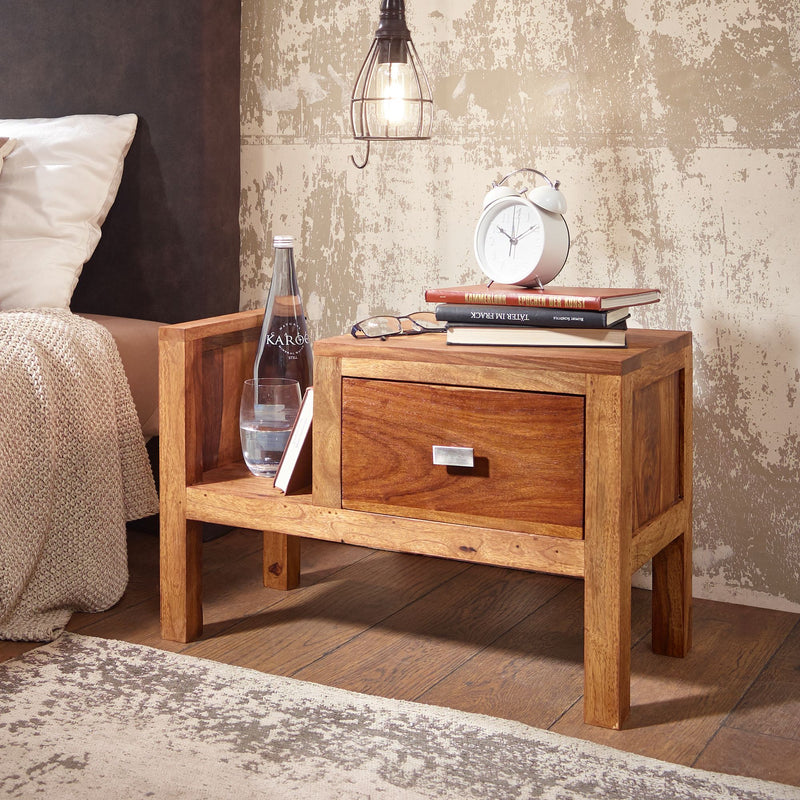 Nachttisch MUMBAI Sheesham Massivholz 40cm Schublade Zeitungsablage