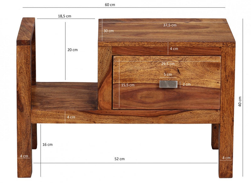 Nachttisch MUMBAI Sheesham Massivholz 40cm Schublade Zeitungsablage