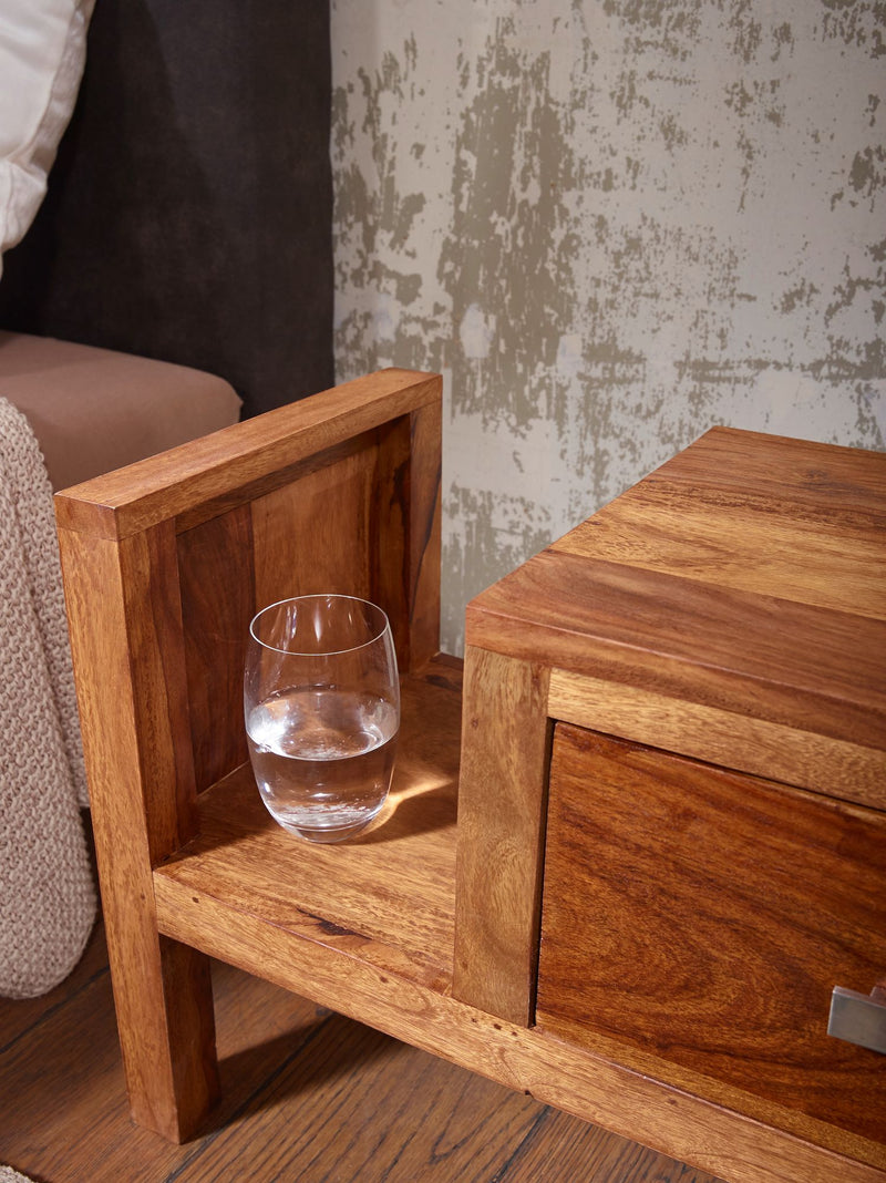 Nachttisch MUMBAI Sheesham Massivholz 40cm Schublade Zeitungsablage