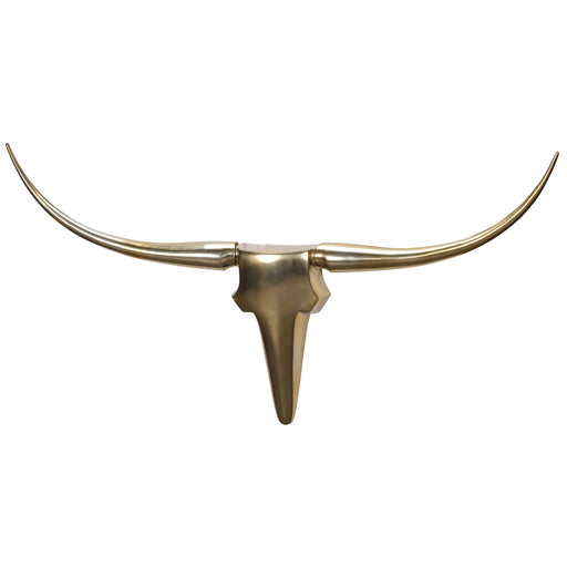 Wanddekoration Geweih Bull 125cm Aluminium Gold mit ausgebreiteten Hörnern in Gesamtansicht.