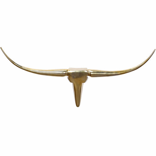 Deko Geweih Bull M 100cm Gold Aluminium Stierkopf Modern Wanddeko in Goldfarbe, Frontansicht mit gespreizten Hörnern.