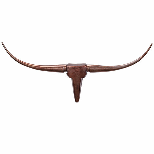 Deko Geweih Bull M 100cm Bronze Aluminium Stierkopf Modern in bronzefarbener Gesamtansicht mit geschwungenen Hörnern.
