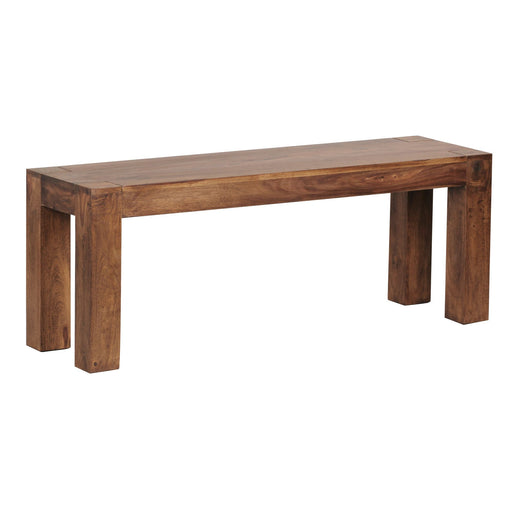 Sitzbank MUMBAI aus Sheesham Massivholz in Gesamtansicht mit massiven Holzbeinen im Landhausstil.