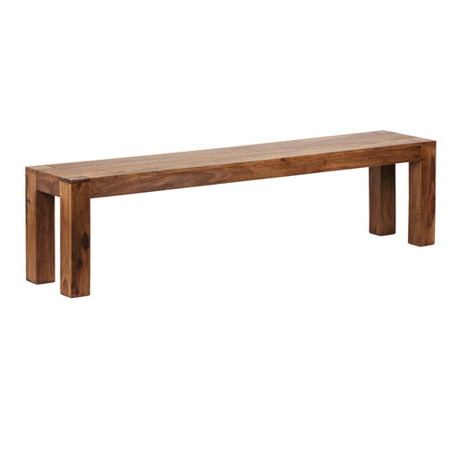 Sitzbank MUMBAI 180cm aus Sheesham Massivholz in Gesamtansicht mit massiven Holzbeinen im Landhausstil.