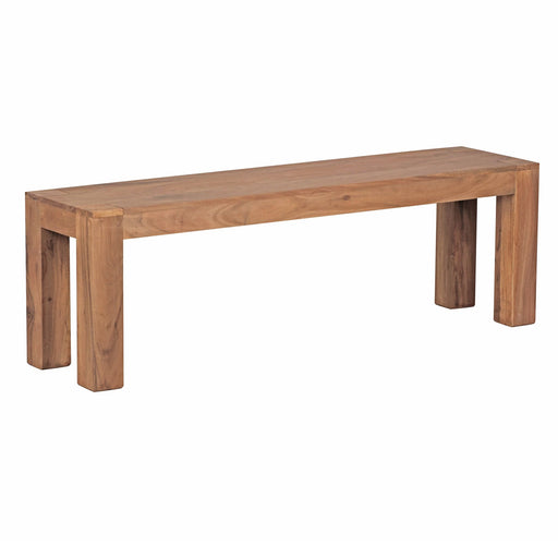 Sitzbank MUMBAI aus Akazie Massivholz in Gesamtansicht mit massiven Holzbeinen im Landhausstil.