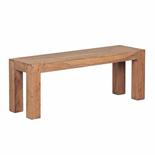 Sitzbank MUMBAI 120cm aus Akazie Massivholz mit massiven Holzbeinen in Gesamtansicht.