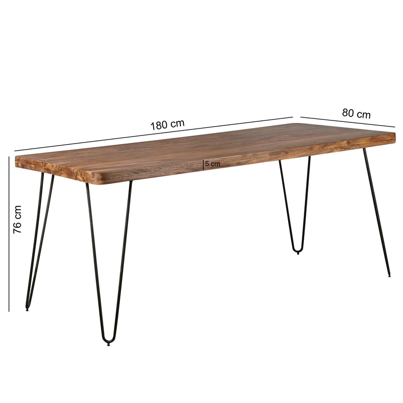 Esstisch BAGLI 180cm Sheesham Massivholz Metallbeine Landhaus dunkelbraun