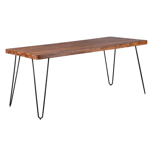Esstisch BAGLI 180cm mit massiver Sheesham-Holzplatte und schwarzen Metallbeinen in Gesamtansicht.