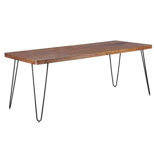 Esstisch BAGLI mit massiver Sheesham-Holzplatte und schwarzen Metallbeinen in Gesamtansicht.
