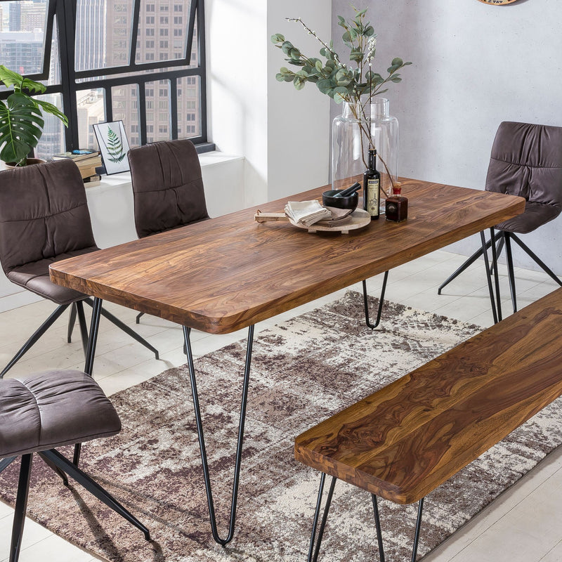 Esstisch BAGLI 160cm Sheesham Massivholz Metallbeine Landhaus dunkelbraun