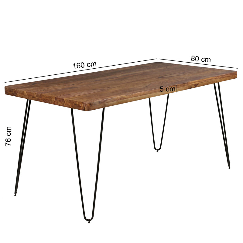 Esstisch BAGLI 160cm Sheesham Massivholz Metallbeine Landhaus dunkelbraun