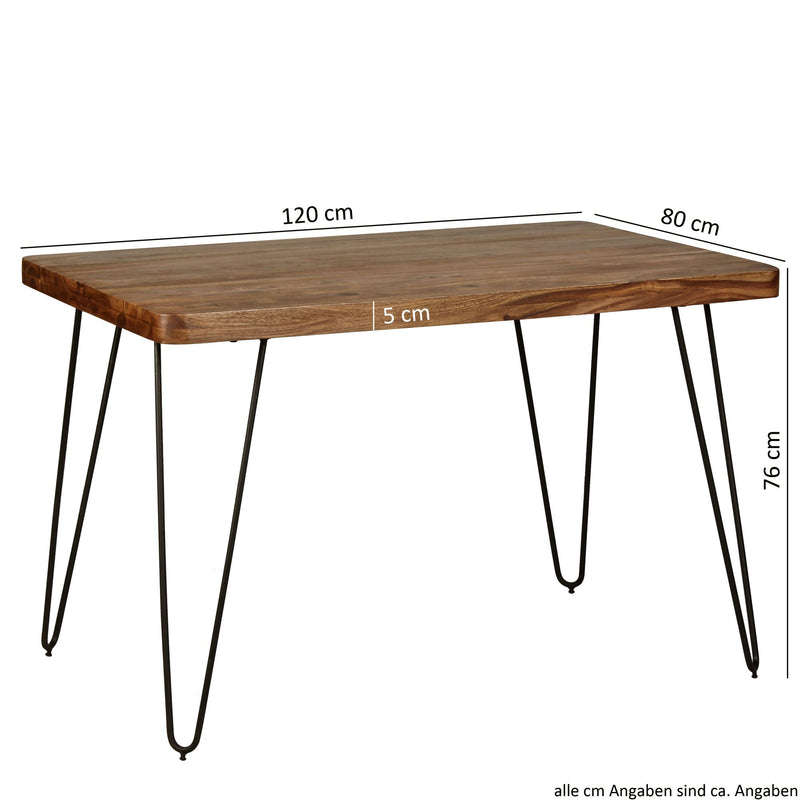 Esstisch BAGLI 120cm Sheesham Massivholz Metallbeine Landhaus Braun