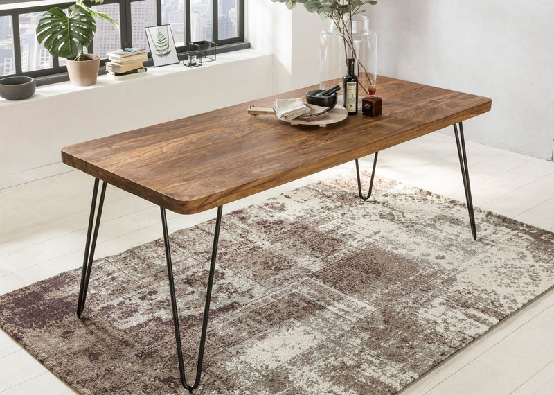 Esstisch BAGLI 120cm Sheesham Massivholz Metallbeine Landhaus Braun