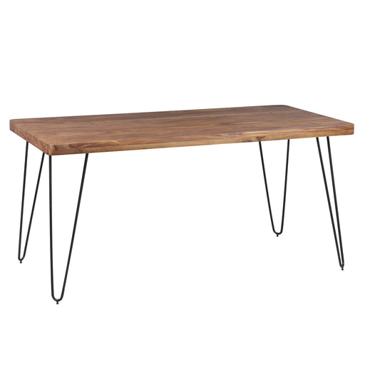 Esstisch BAGLI 120cm Sheesham Massivholz mit schwarzen Metallbeinen in Gesamtansicht von vorne.