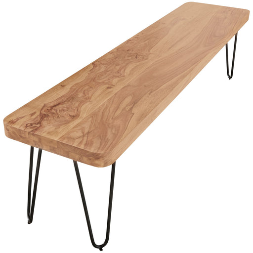 Sitzbank BAGLI 160cm Akazie Massivholz Landhausstil Naturprodukt in Gesamtansicht mit Holzplatte und schwarzen Metallbeinen.