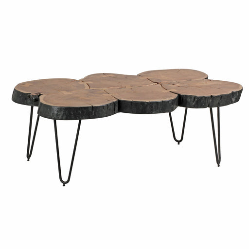 Couchtisch Bagli 115cm mit Akazie-Massivholzplatte in Baumscheiben-Form und schwarzen Metallbeinen, Gesamtansicht.