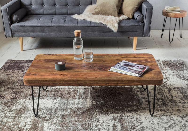 Couchtisch BAGLI 115cm Sheesham Massivholz Metallbeine Landhausstil