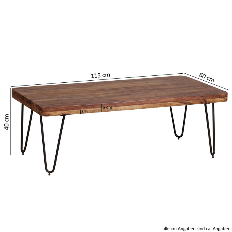 Couchtisch BAGLI 115cm Sheesham Massivholz Metallbeine Landhausstil