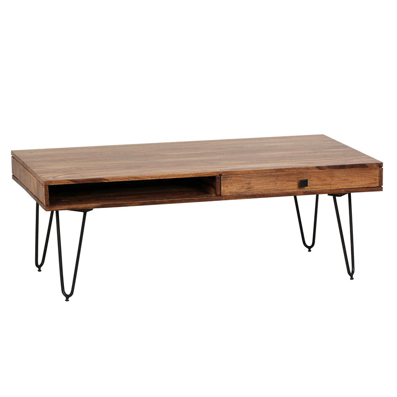 Couchtisch BAGLI Sheesham 110cm Metallbeine Landhaus Schublade