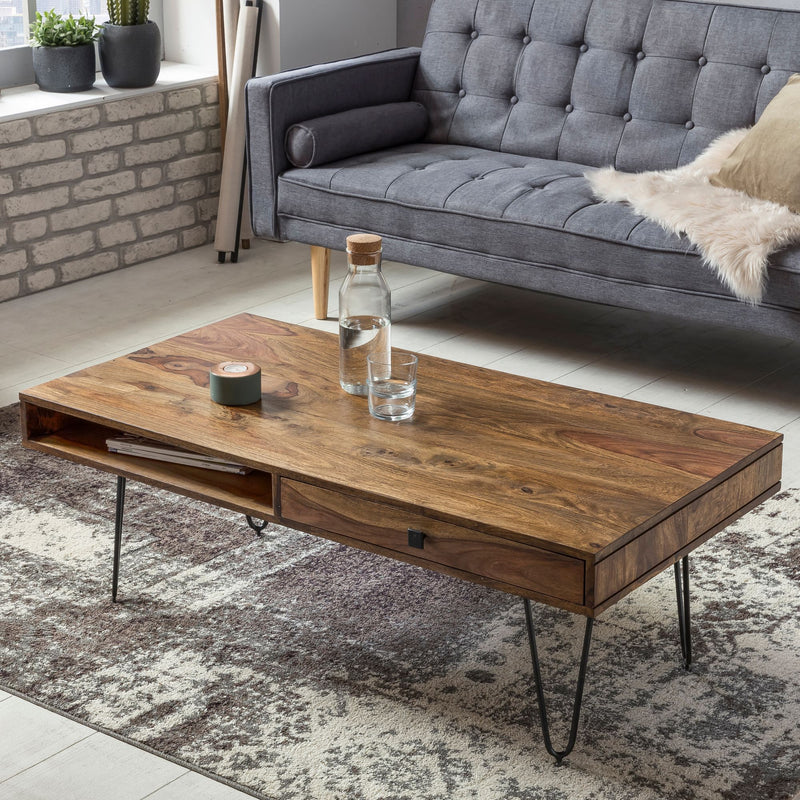 Couchtisch BAGLI Sheesham 110cm Metallbeine Landhaus Schublade