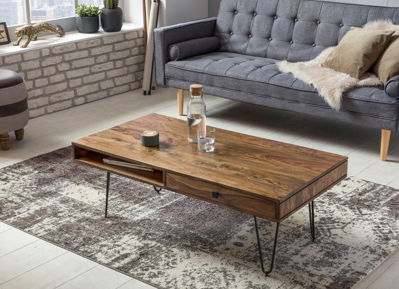 Couchtisch BAGLI Sheesham 110cm Metallbeine Landhaus Schublade