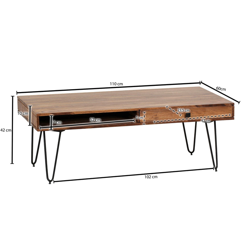 Couchtisch BAGLI Sheesham 110cm Metallbeine Landhaus Schublade