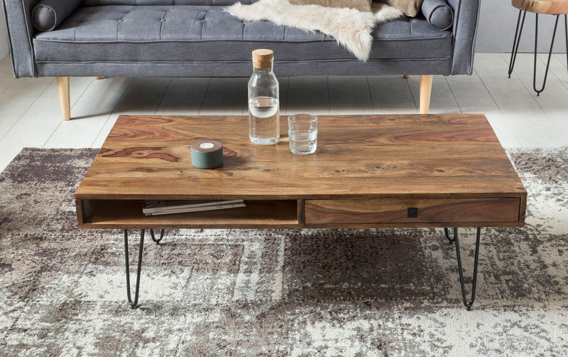 Couchtisch BAGLI Sheesham 110cm Metallbeine Landhaus Schublade