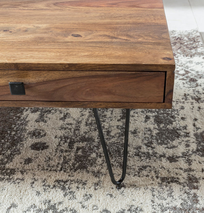 Couchtisch BAGLI Sheesham 110cm Metallbeine Landhaus Schublade