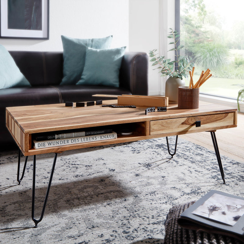 Couchtisch BAGLI Akazie Massivholz 110cm Metallbeine Landhaus Schublade