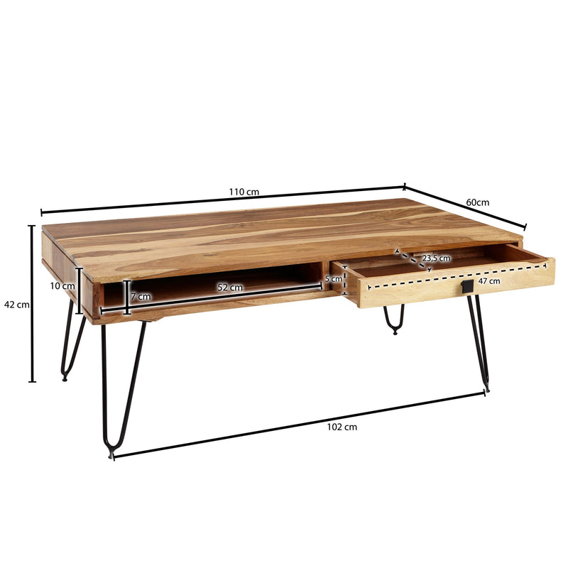 Couchtisch BAGLI Akazie Massivholz 110cm Metallbeine Landhaus Schublade