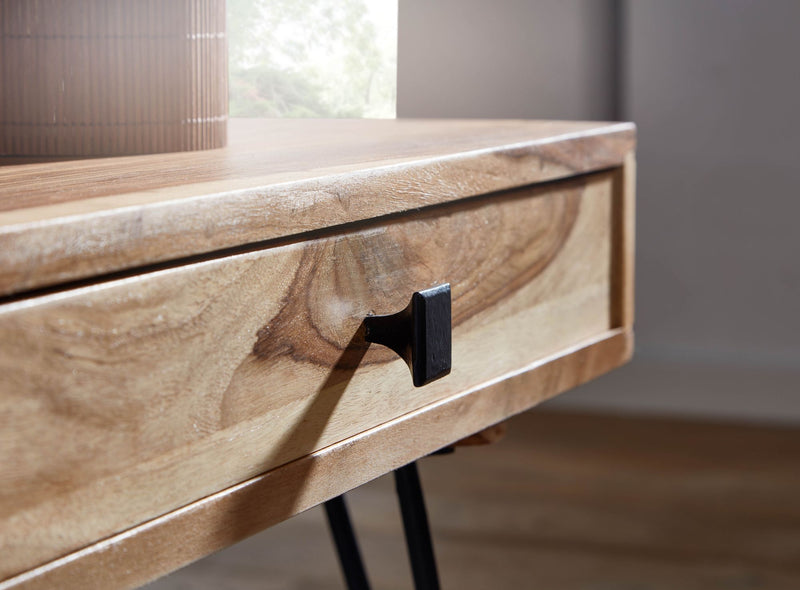 Couchtisch BAGLI Akazie Massivholz 110cm Metallbeine Landhaus Schublade