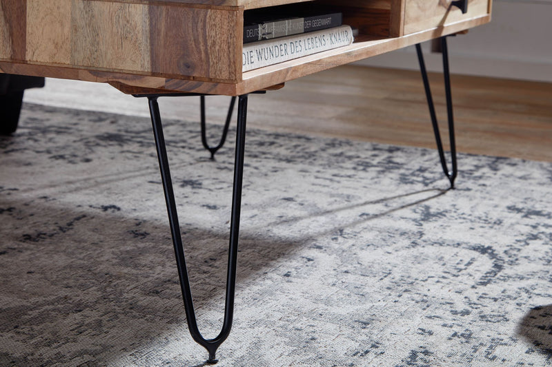 Couchtisch BAGLI Akazie Massivholz 110cm Metallbeine Landhaus Schublade